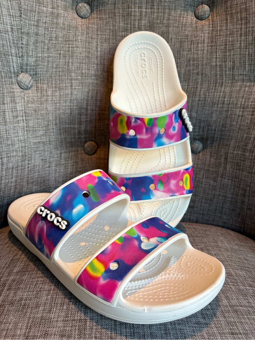 Crocs White Slide Sandals with Multicolor Straps Men 9 Woman 11 EUC